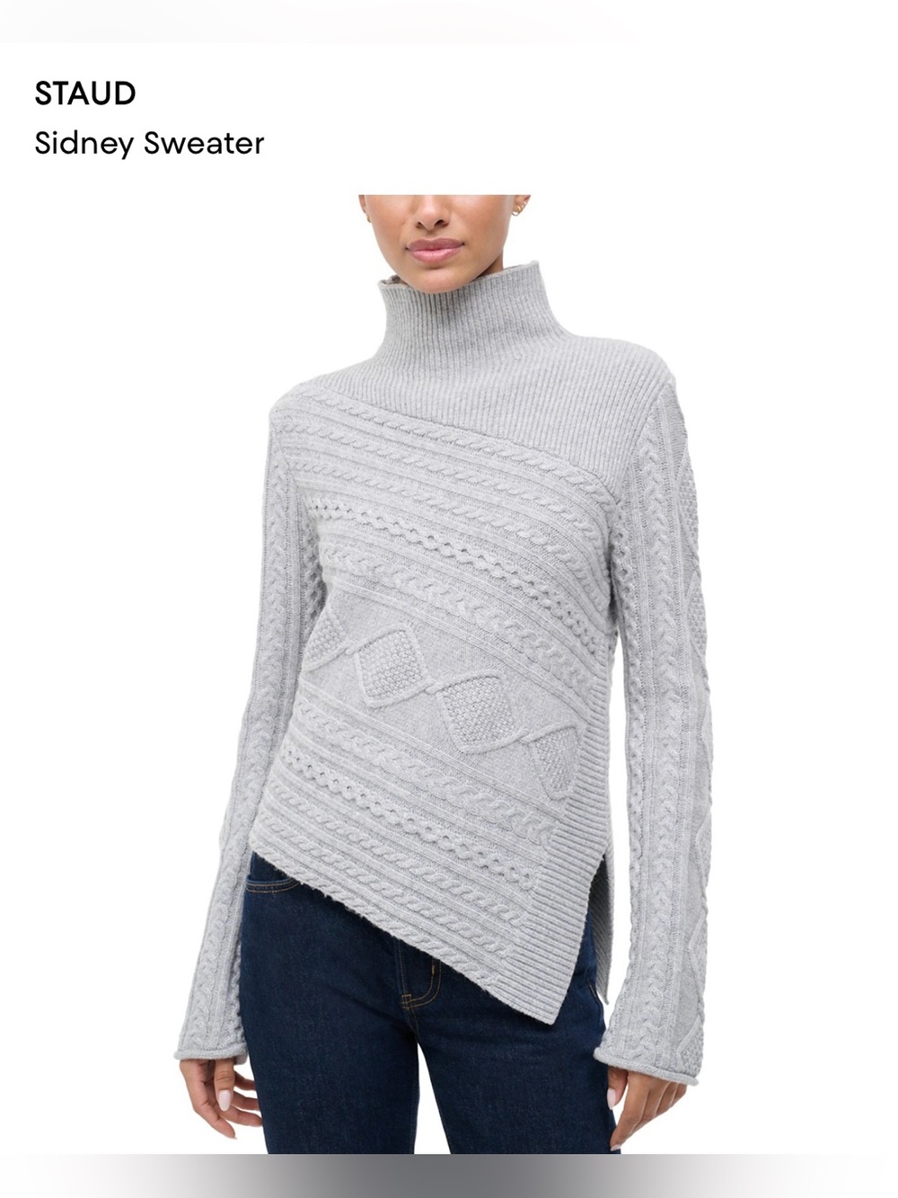 STAUD Light Gray Cable-Knit Turtleneck Sweater asymmetrical